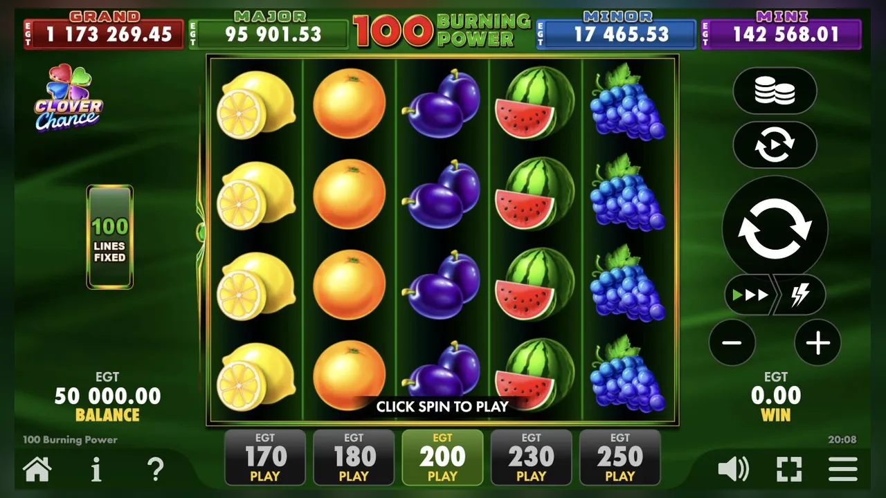 100 Burning Power loaded gameplay screen with the reels and controls visible