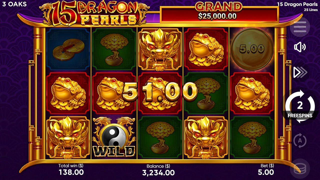 15 Dragon Pearls loaded gameplay interface showing the reels and controls