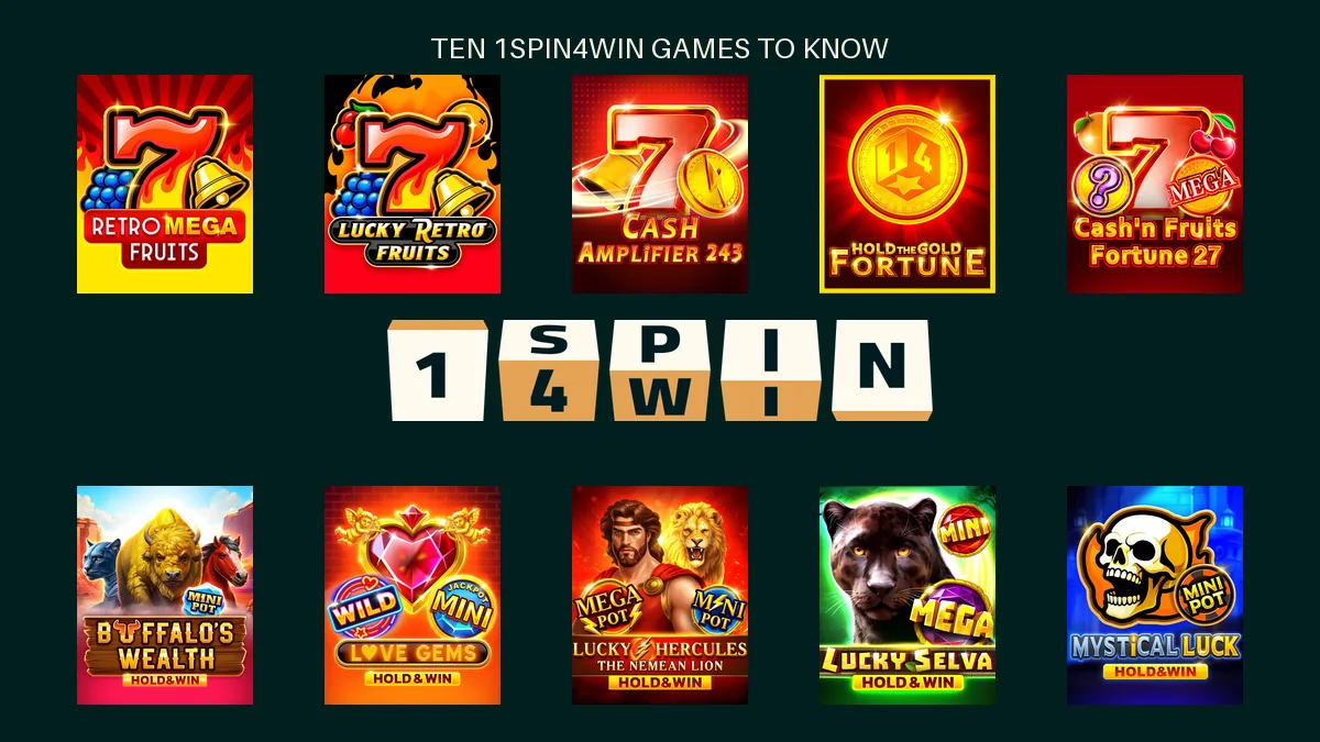 Ten 1spin4win games surrounding the 1spin4win logo