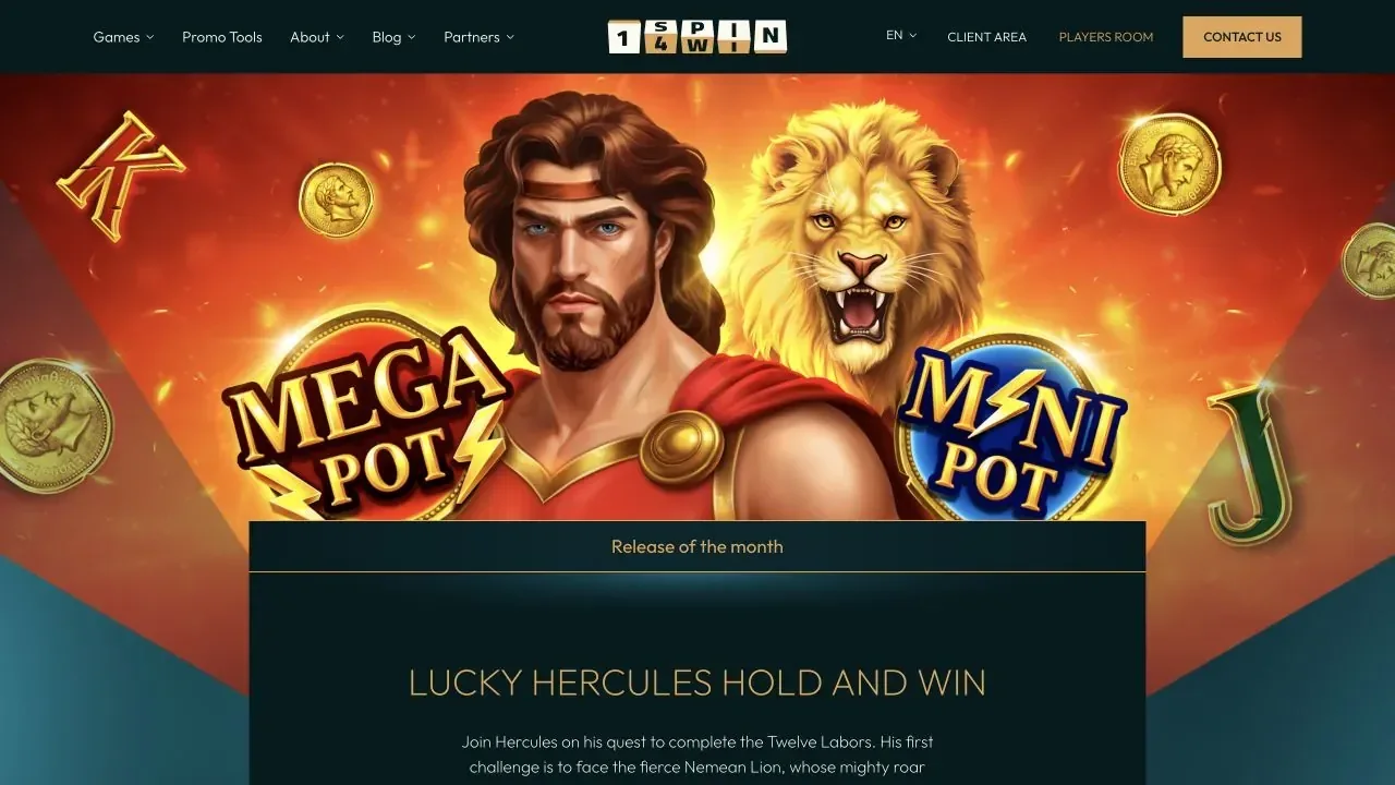 Official 1spin4win website showing Lucky Hercules Hold And Win