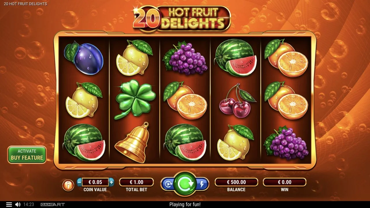 20 Hot Fruit Delights gameplay screenshot showing the reels or game interface