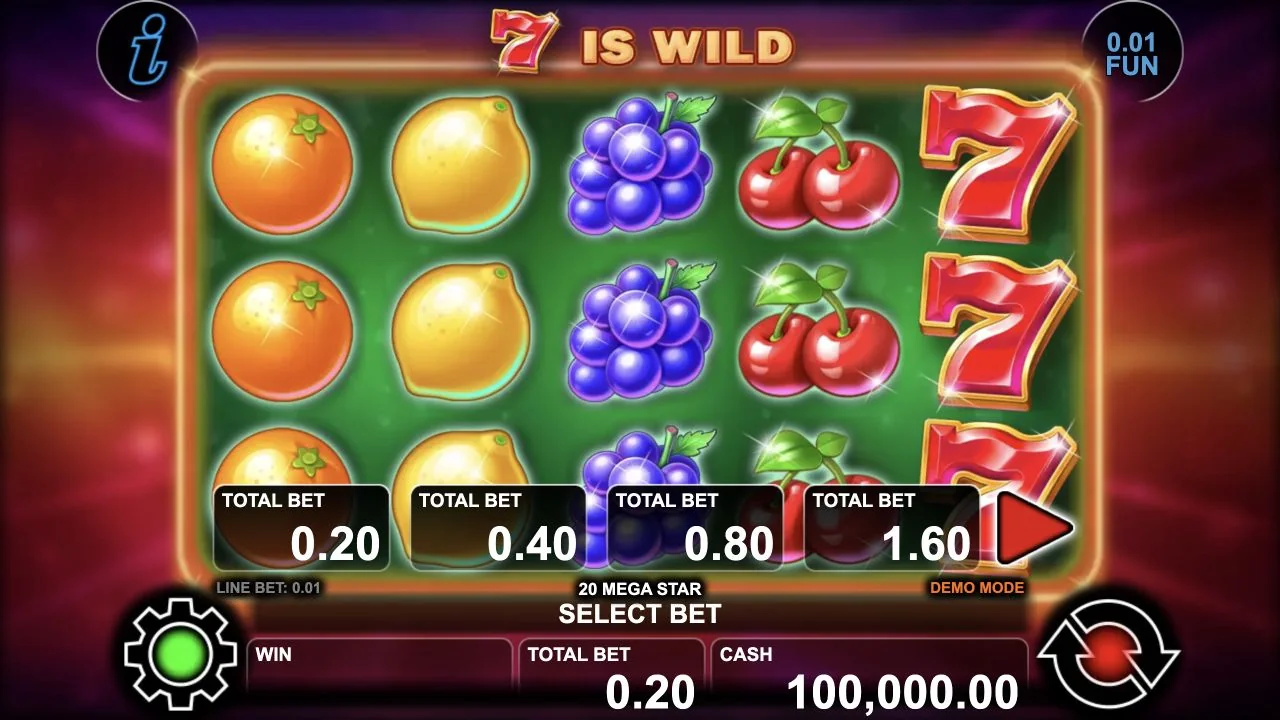 20 Mega Star gameplay screenshot showing the real reels and playing interface