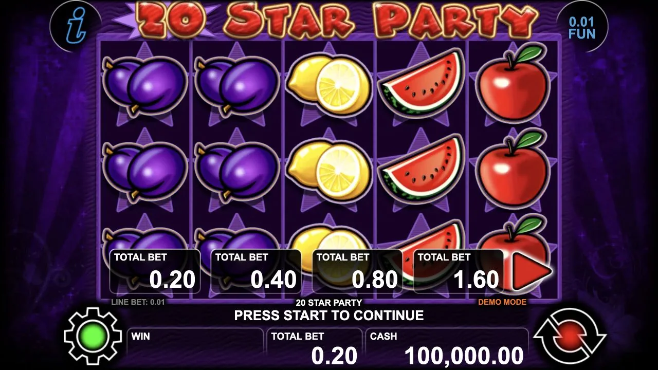 20 Star Party gameplay screenshot showing the real reels and playing interface