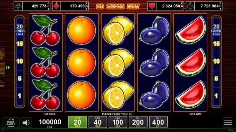 20 Super Hot slot gameplay — classic fruit reels across 20 lines