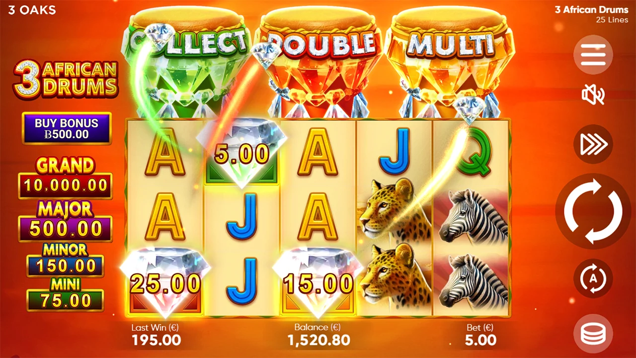 3 African Drums loaded gameplay interface showing the reels and controls