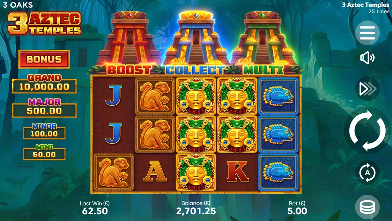 3 Aztec Temples loaded gameplay interface showing the reels and controls