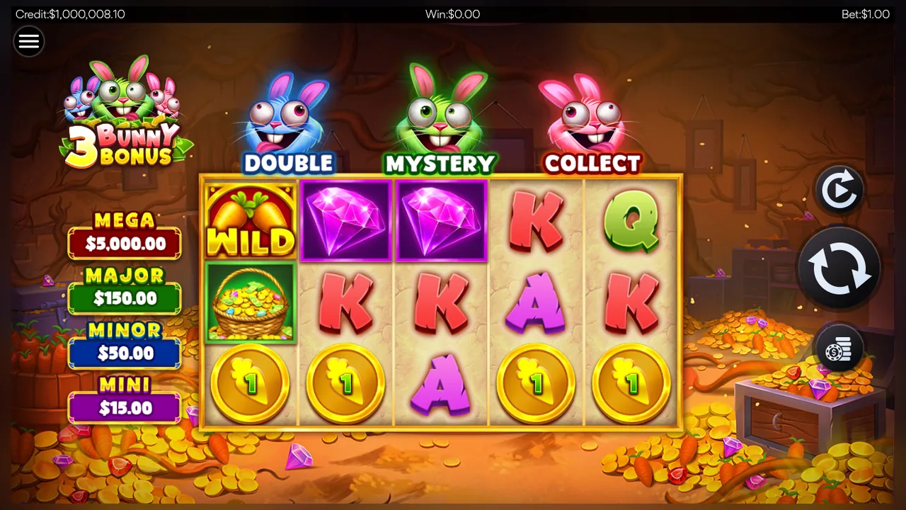 3 Bunny Bonus loaded gameplay interface with controls visible