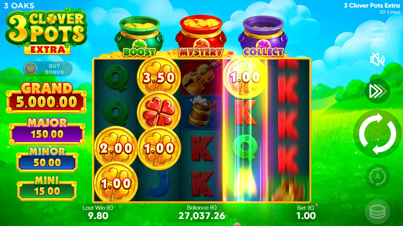 3 Clover Pots Extra loaded gameplay interface showing the reels and controls