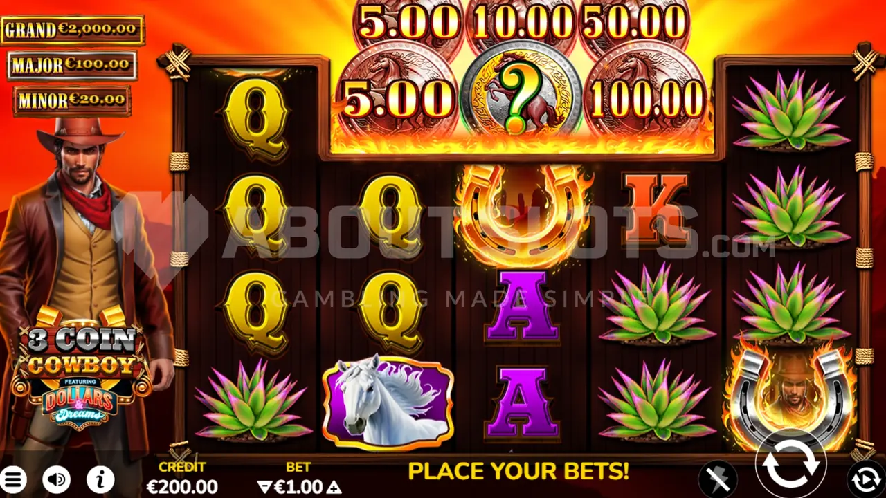 3 Coin Cowboy Dollars & Dreams official loaded gameplay interface with active controls visible