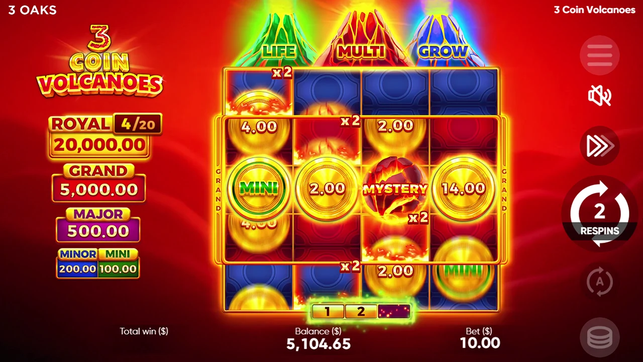 3 Coin Volcanoes loaded gameplay interface showing the reels and controls