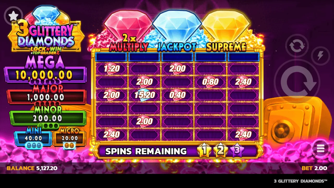 3 Glittery Diamonds gameplay showing the reels and controls