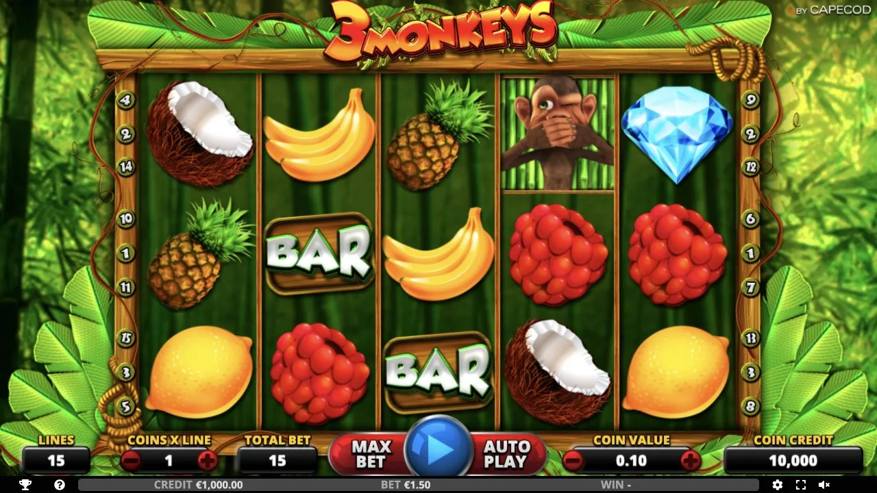 3 Monkeys loaded gameplay interface with reels and controls visible