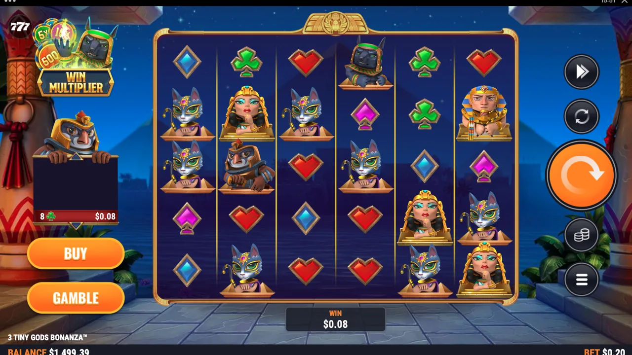 3 Tiny Gods Bonanza gameplay screenshot showing the reels and controls