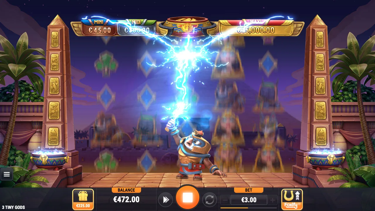 3 Tiny Gods gameplay screenshot showing the reels and controls