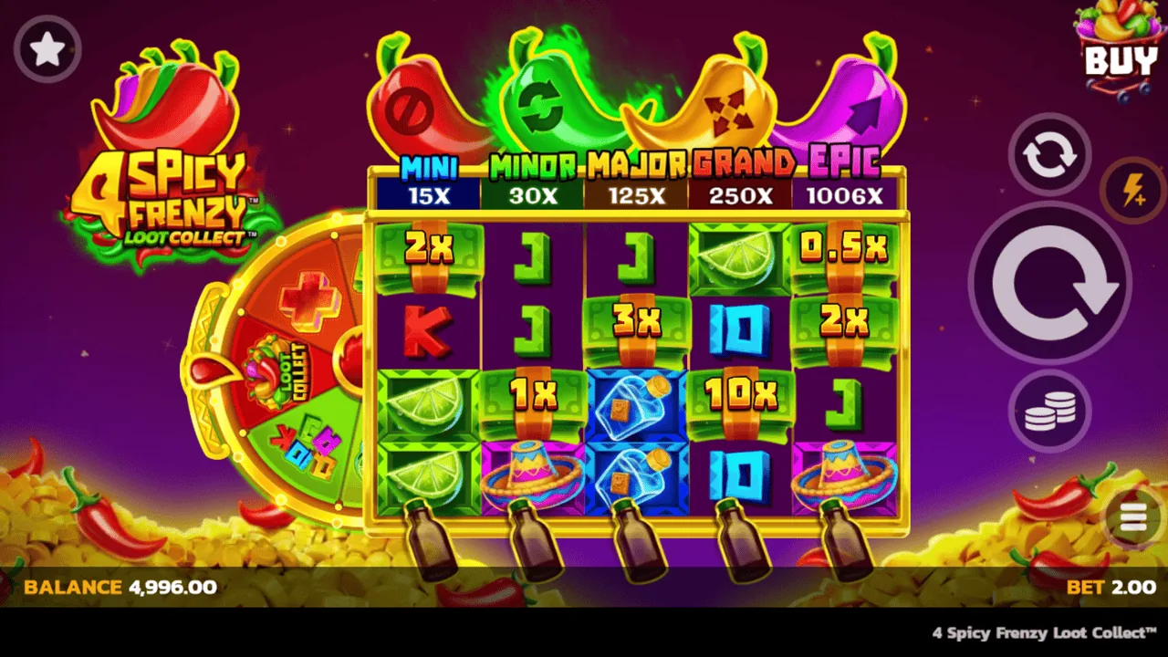 4 Spicy Frenzy Loot Collect gameplay showing the reels and controls