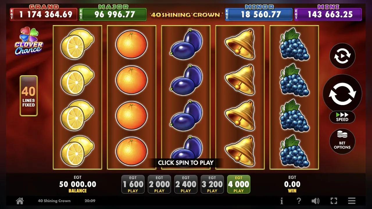 40 Shining Crown loaded gameplay screen with the reels and controls visible