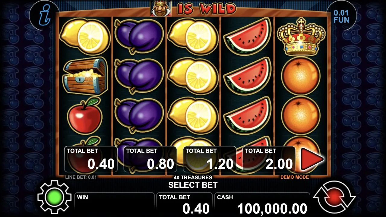 40 Treasures gameplay screenshot showing the real reels and playing interface