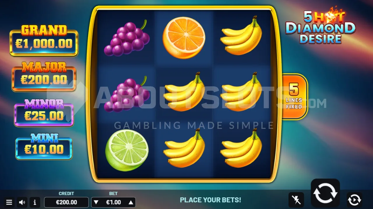 5 Hot Diamond Desire official loaded gameplay interface with active controls visible