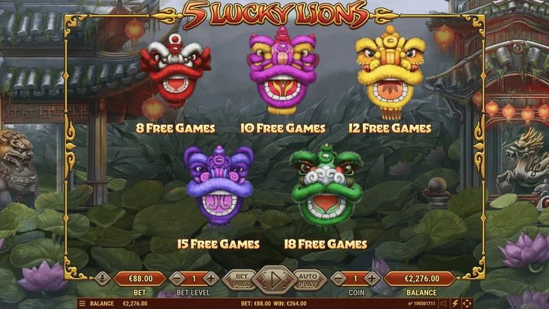 5 Lucky Lions slot gameplay — lion dance reels with gold symbols
