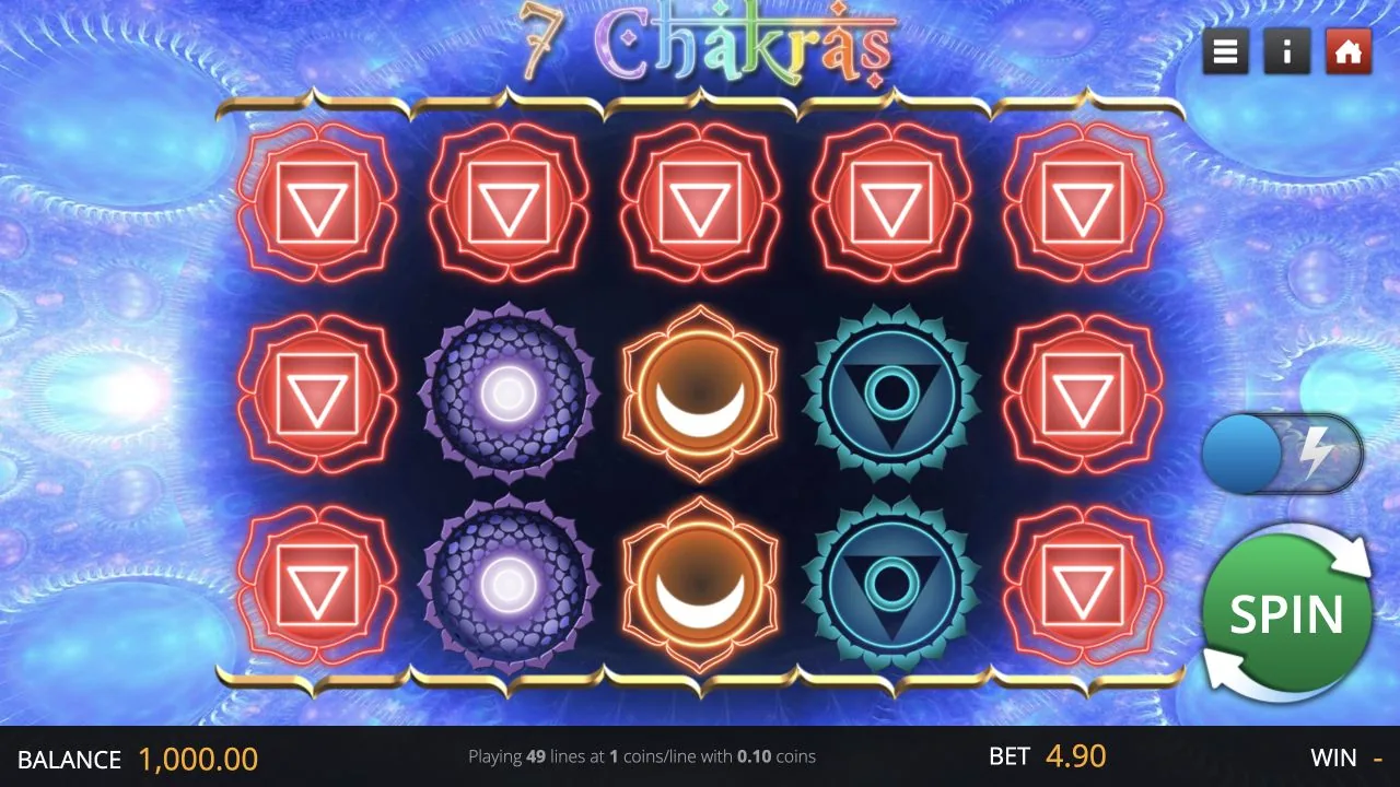 7 Chakras gameplay screenshot showing the reels and controls