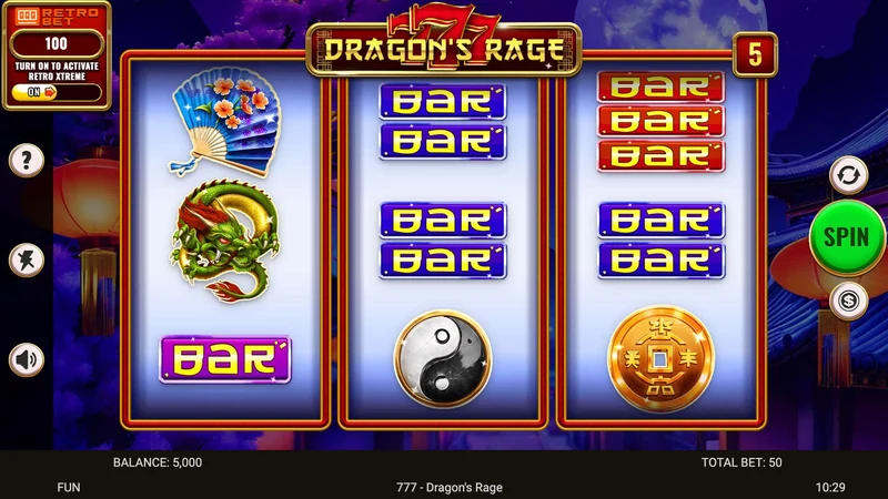 777 Dragon's Rage slot key art — dragon city skyline themed reels
