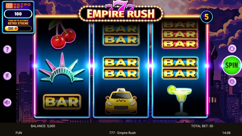777 Empire Rush slot key art — classic three reel cabinet style