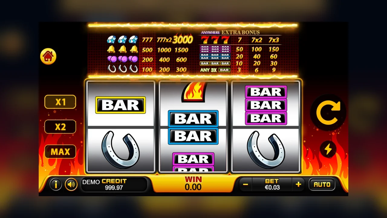 777 gameplay screen with reels, symbols and controls visible