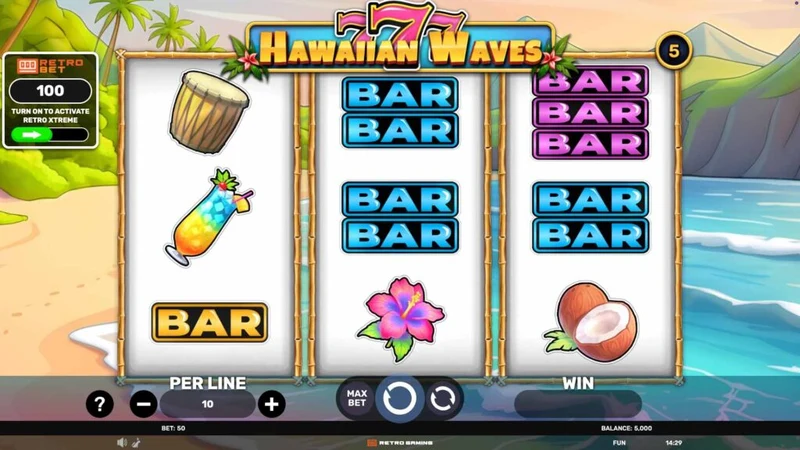 777 Hawaiian Waves slot key art — tropical themed classic reels