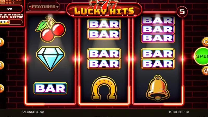 777 Lucky Hits slot key art — lucky red brick themed reels