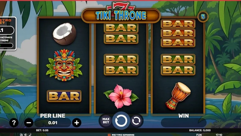 777 Tiki Throne slot key art — Polynesian tiki themed reels
