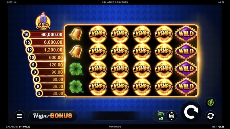 9 Blazing Cashpots gameplay screenshot showing the reels