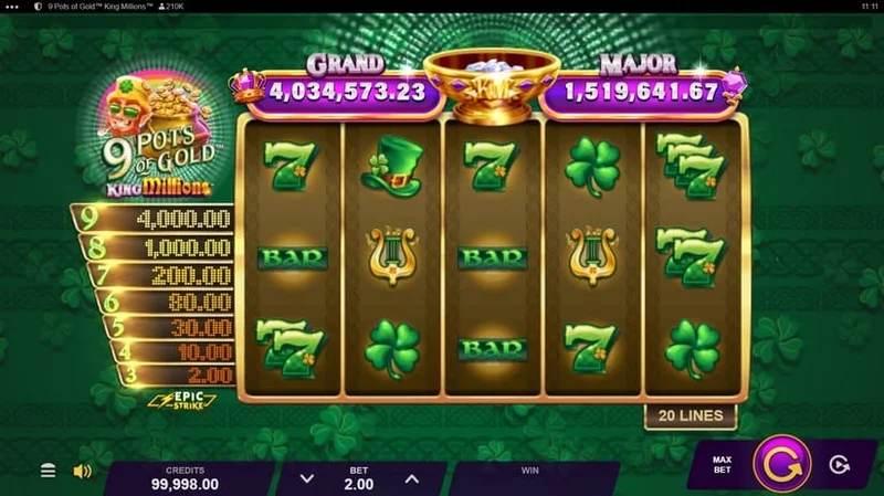 9 Pots of Gold King Millions slot gameplay — multiplier jackpot reels