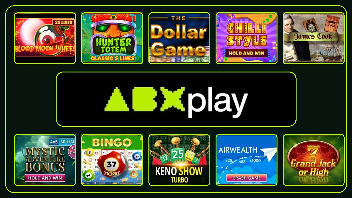 Ten ABXplay game thumbnails arranged around the ABXplay logo