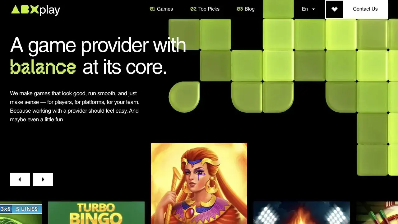 Official ABXplay website showing its green game-provider design