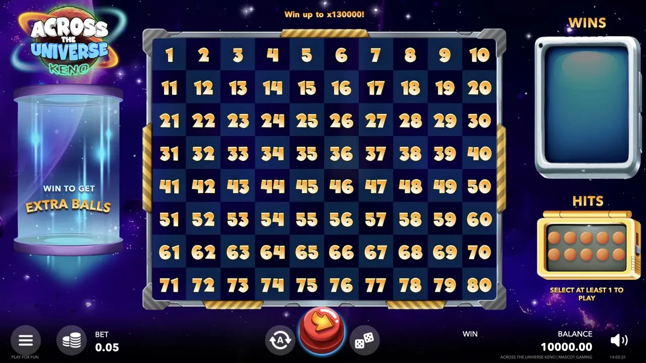 Across the Universe Keno loaded gameplay interface with controls visible