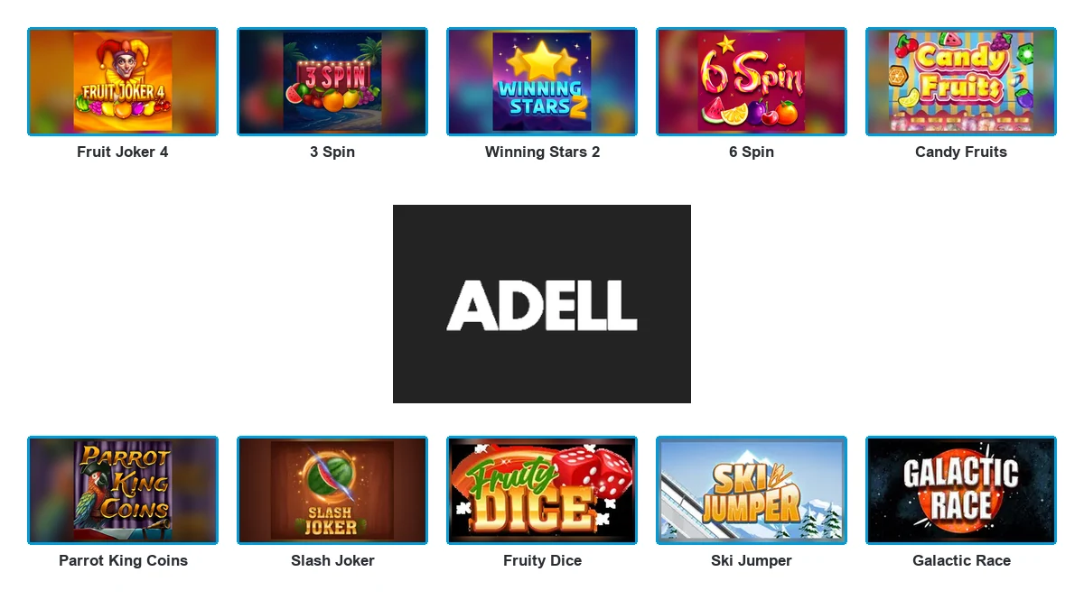 Adell logo centred between ten complete branded game thumbnails