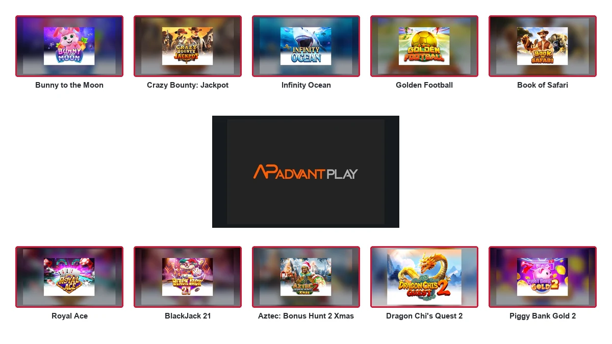 AdvantPlay logo centred between ten complete branded game thumbnails