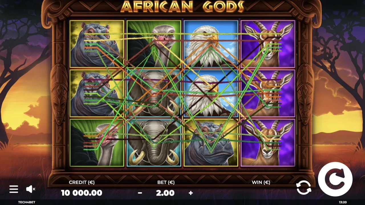 African Gods loaded gameplay screen with reels and controls visible