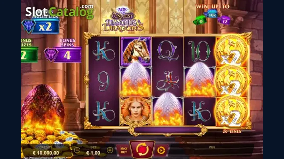 Age of Conquest Diamonds & Dragons gameplay screenshot showing the reels and game interface