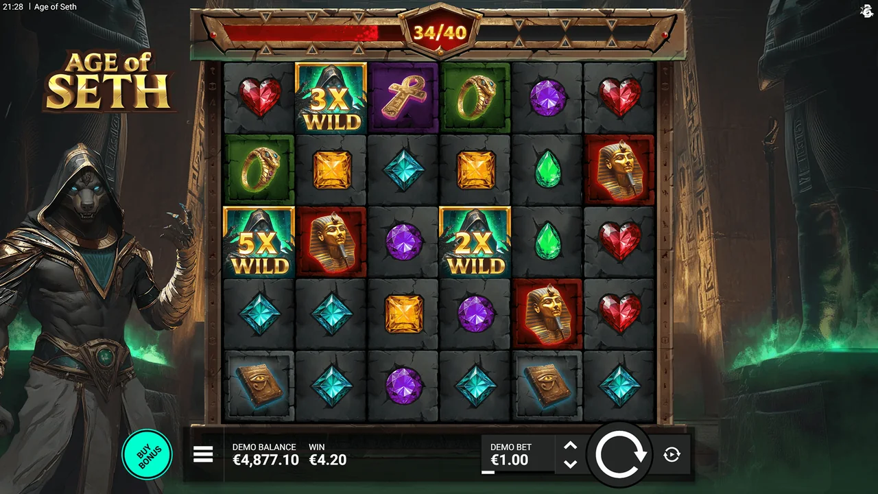 Age of Seth gameplay showing reels and controls
