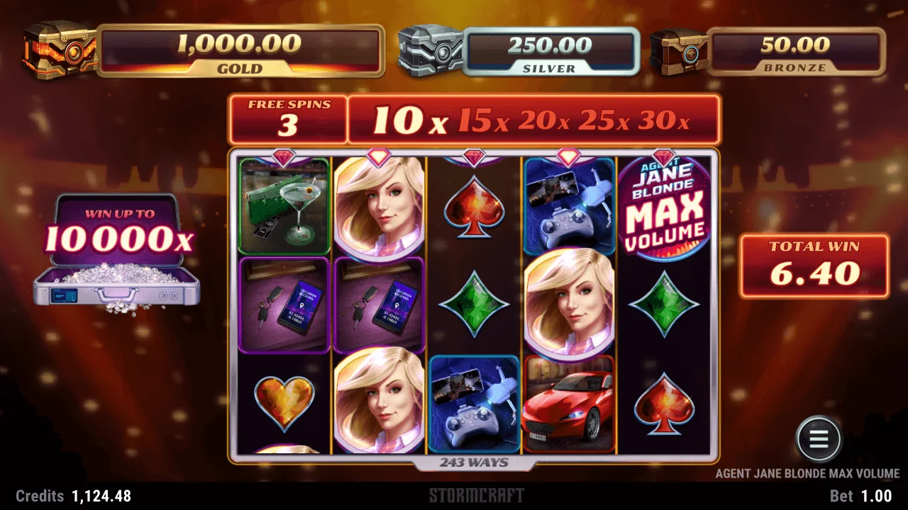Agent Jane Blonde Max Volume gameplay screenshot showing the reels or game interface