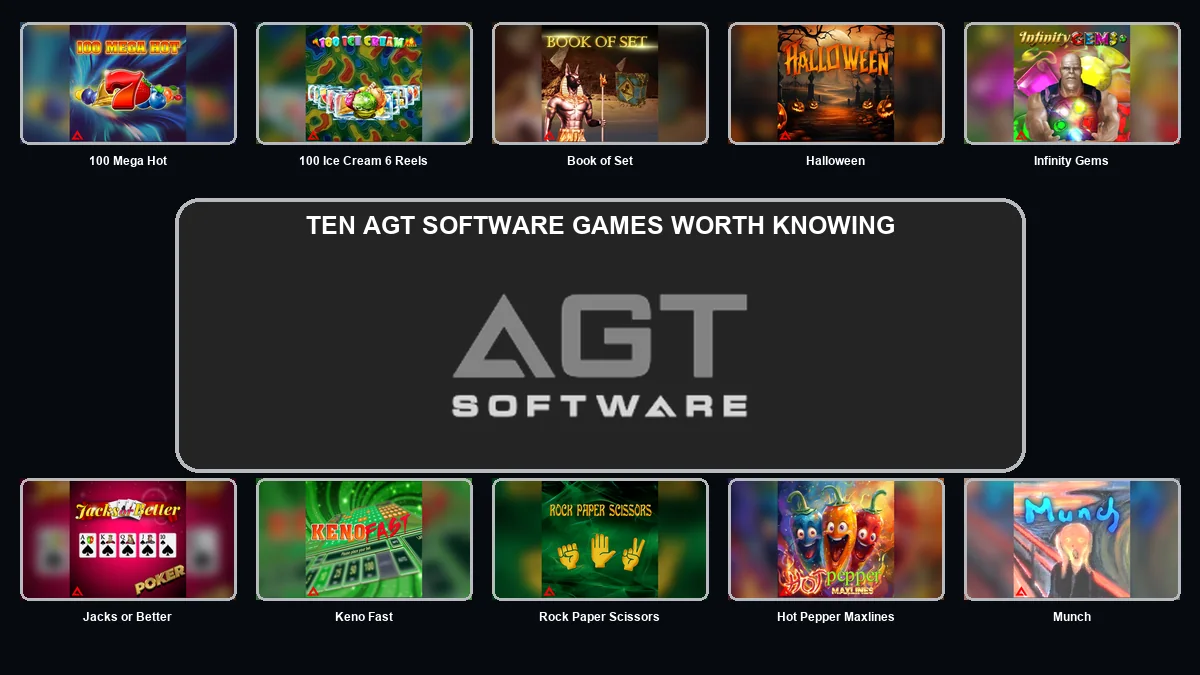 Ten AGT Software game thumbnails arranged around the large AGT Software logo