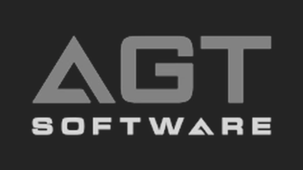 Large AGT Software logo on one continuous charcoal background