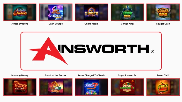 Ainsworth logo centred among ten essential slot game thumbnails