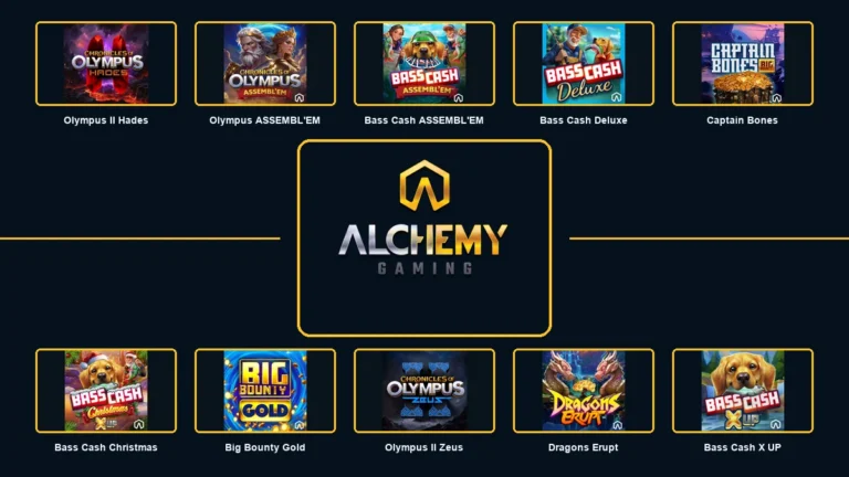 Alchemy Gaming logo surrounded by ten essential slots