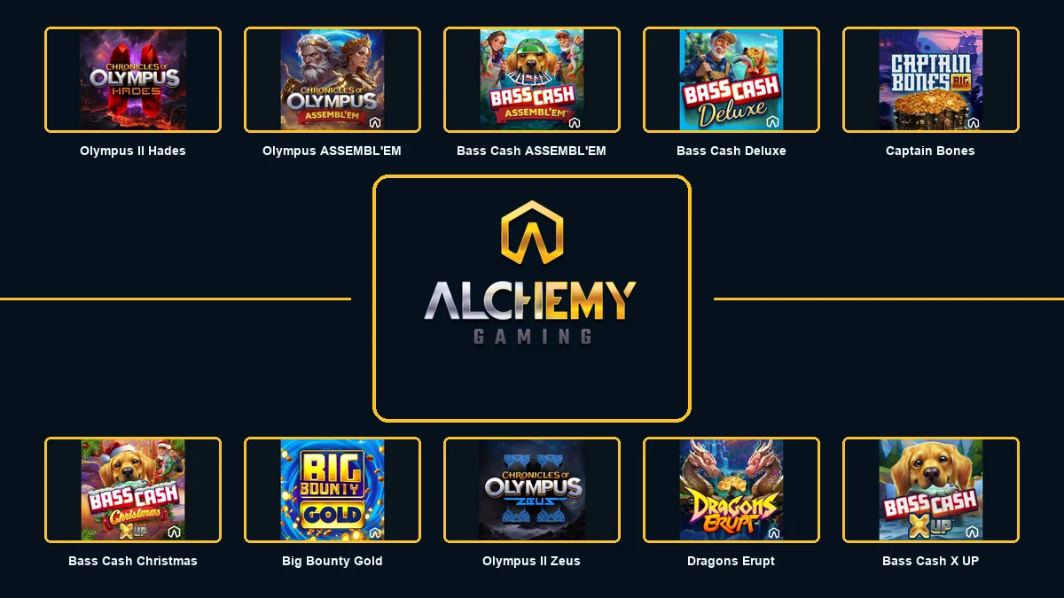 Alchemy Gaming logo surrounded by ten essential slots