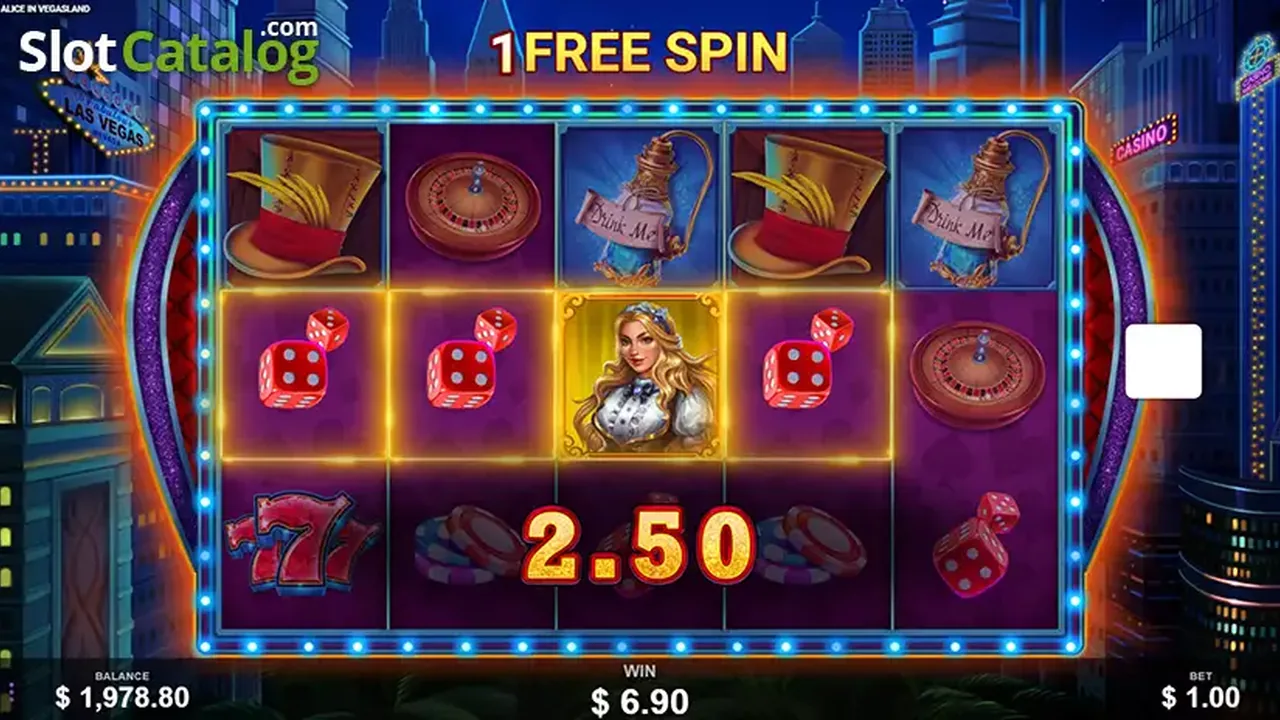 Alice in Vegasland gameplay screenshot showing the reels and controls