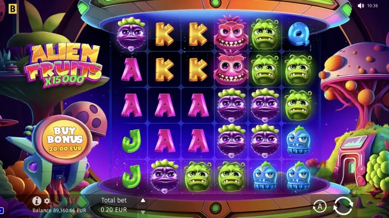 Alien Fruits slot gameplay — alien fruit symbols on cluster grid