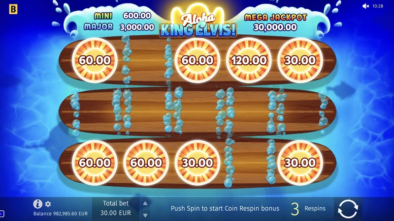 Aloha King Elvis slot gameplay — coin respin board with prize values