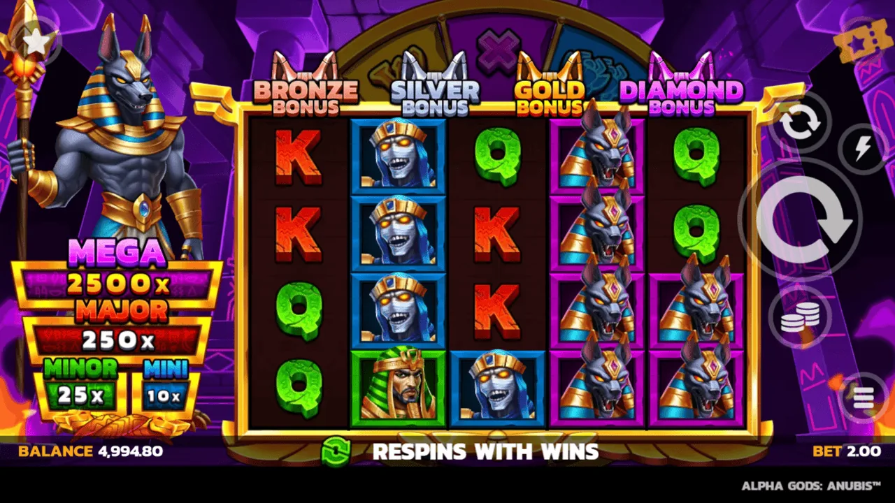 Alpha Gods Anubis gameplay showing the reels and controls